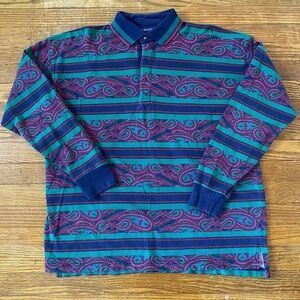VIBRANT VINTAGE PAISLEY PRINT & STRIPED LONG SLEEVE POLO SHIRT